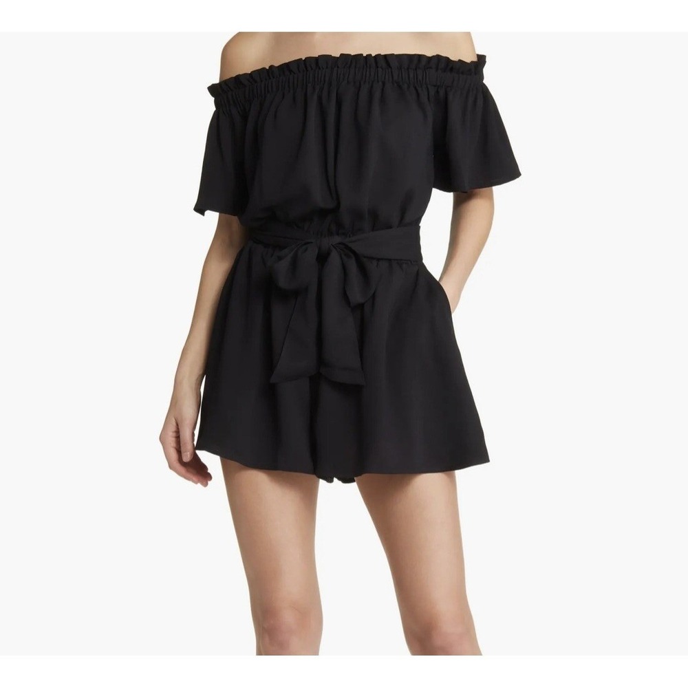 Black Off The Shoulder Romper Dress With Tie Belt Casual Chelsea 28 New Sz XS